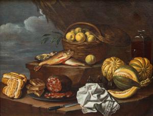 Paolo Bartolomeo Clarici, detto Abate Paolo (Ancona, 1664 –Padova, 1725)  Natura morta con pesci, frutti e stoffa ricamata